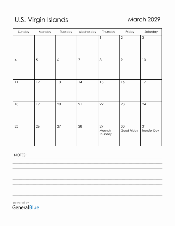 March 2029 U.S. Virgin Islands Calendar with Holidays (Sunday Start)