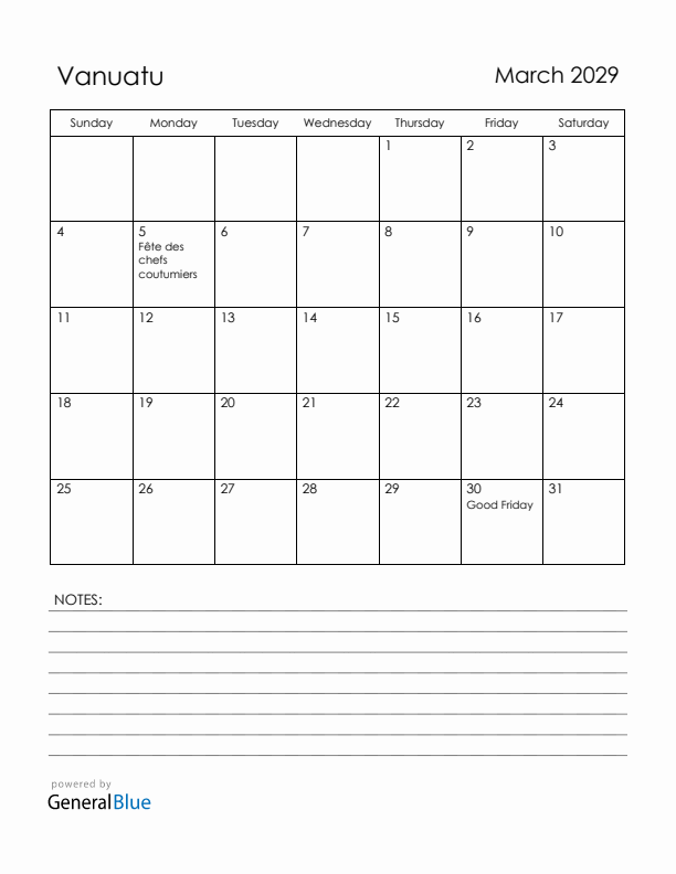 March 2029 Vanuatu Calendar with Holidays (Sunday Start)