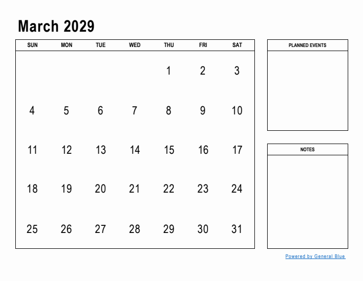 March 2029 Calendar Planner