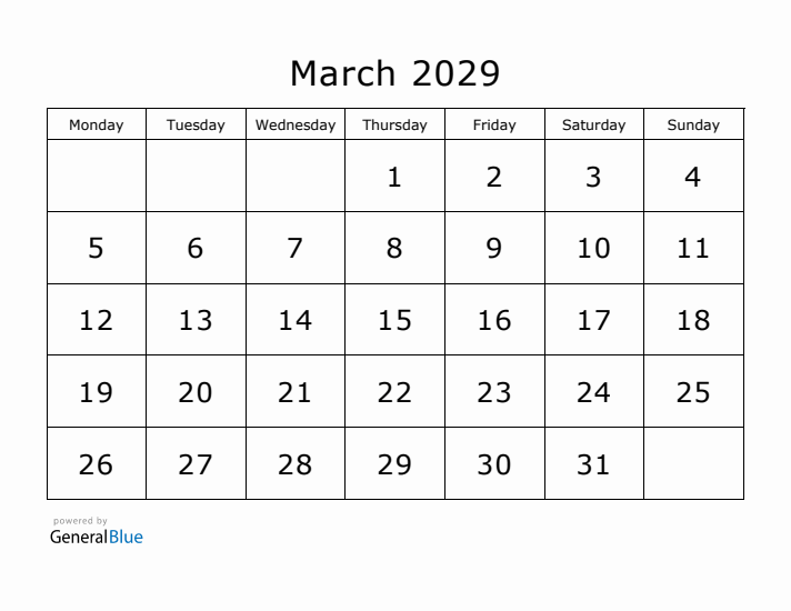 Printable March 2029 Calendar - Monday Start
