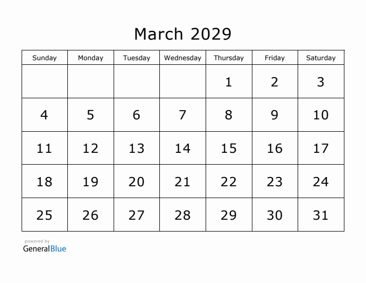Printable March 2029 Calendar - Sunday Start