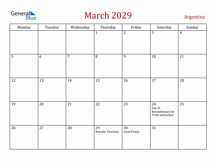 Argentina March 2029 Calendar - Monday Start
