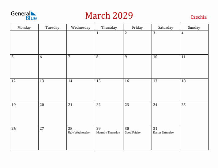 Czechia March 2029 Calendar - Monday Start