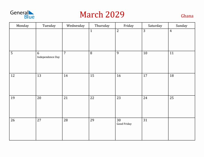 Ghana March 2029 Calendar - Monday Start