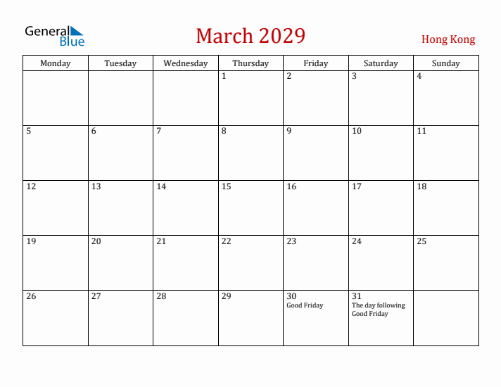 Hong Kong March 2029 Calendar - Monday Start