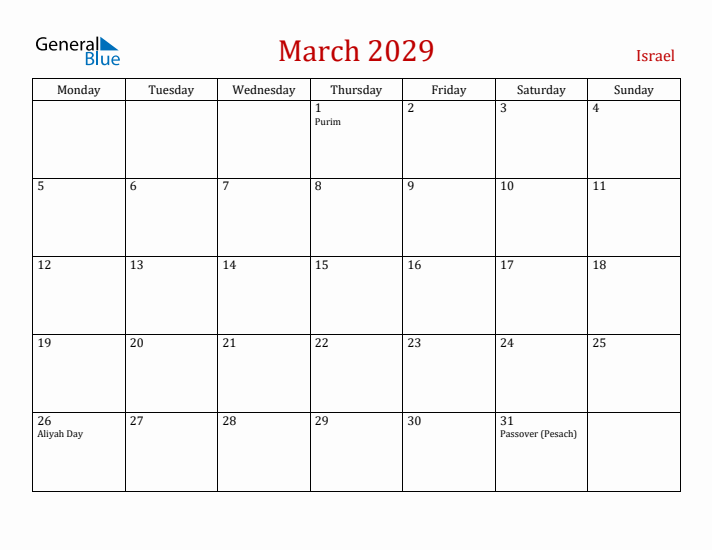 Israel March 2029 Calendar - Monday Start
