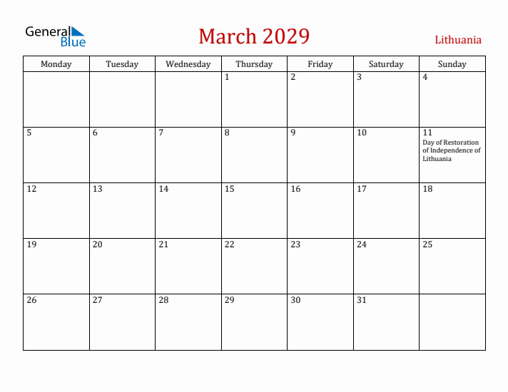 Lithuania March 2029 Calendar - Monday Start