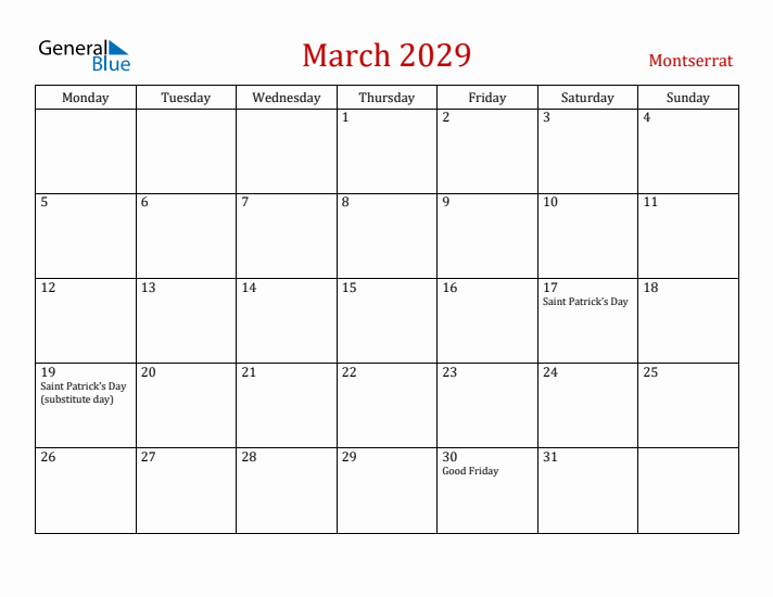 Montserrat March 2029 Calendar - Monday Start