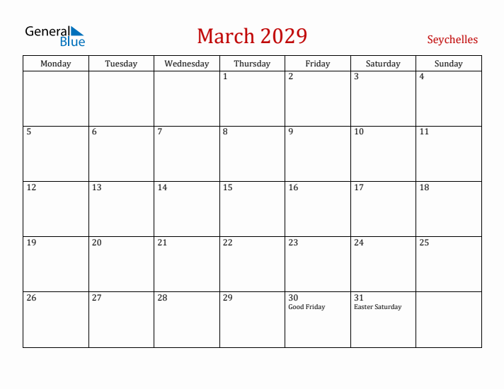 Seychelles March 2029 Calendar - Monday Start