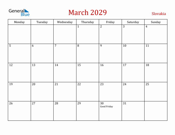 Slovakia March 2029 Calendar - Monday Start