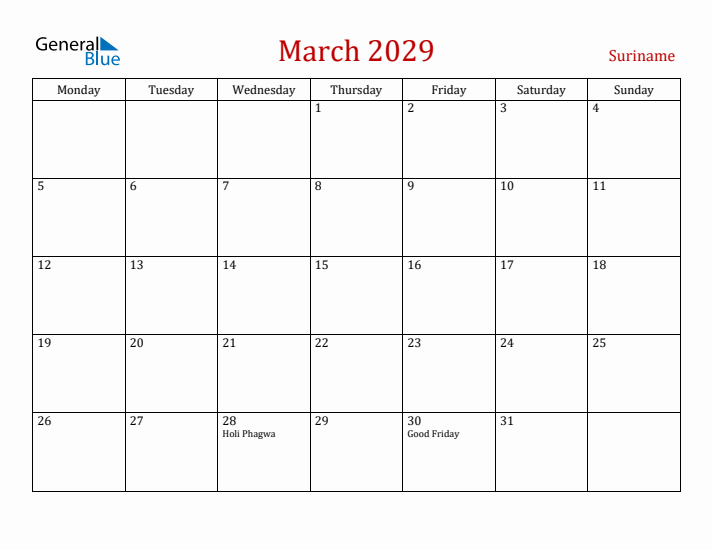 Suriname March 2029 Calendar - Monday Start