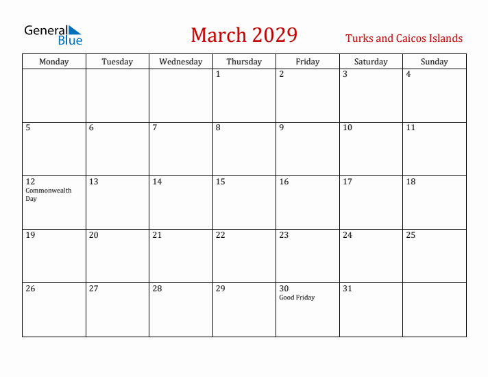 Turks and Caicos Islands March 2029 Calendar - Monday Start