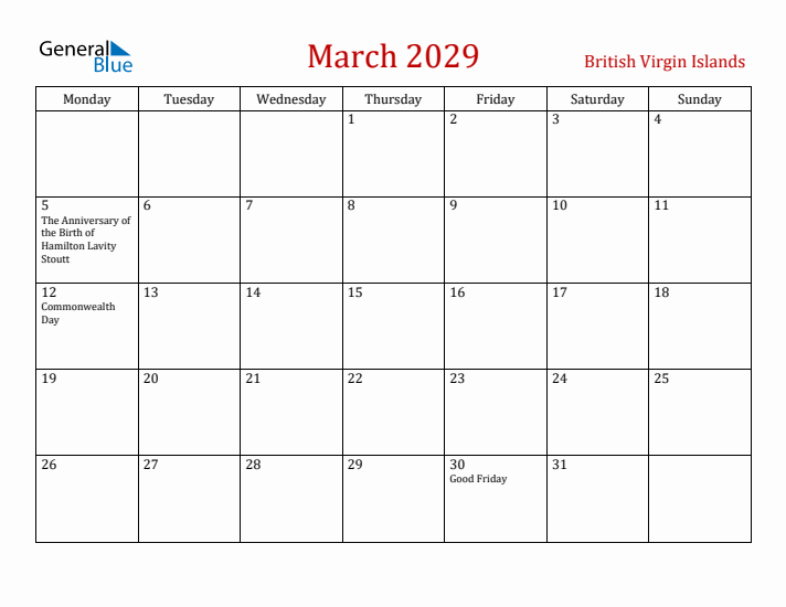 British Virgin Islands March 2029 Calendar - Monday Start