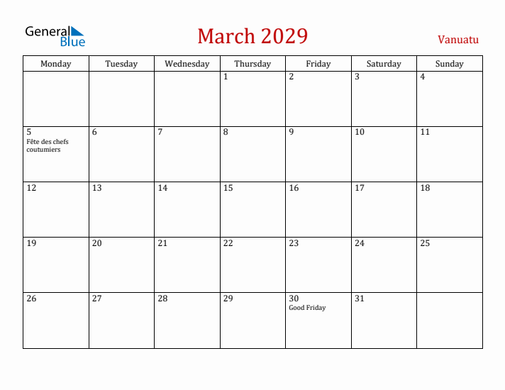 Vanuatu March 2029 Calendar - Monday Start