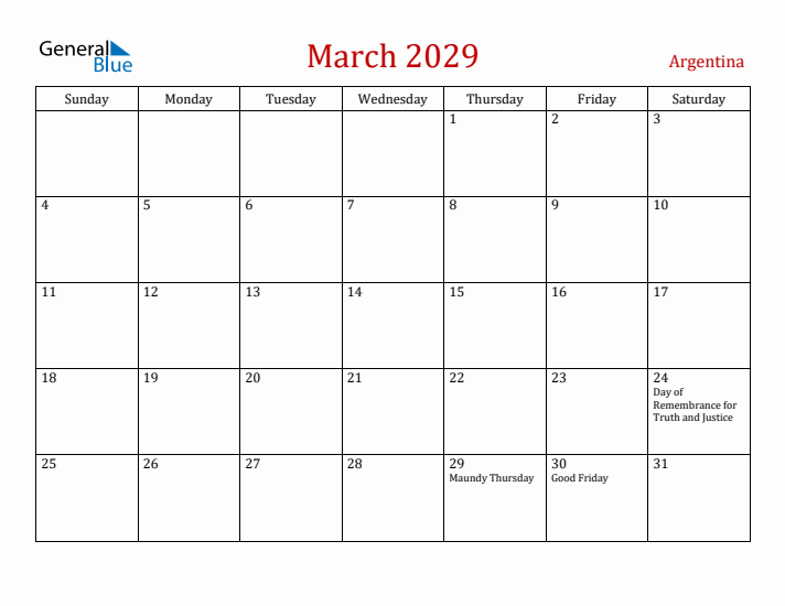 Argentina March 2029 Calendar - Sunday Start