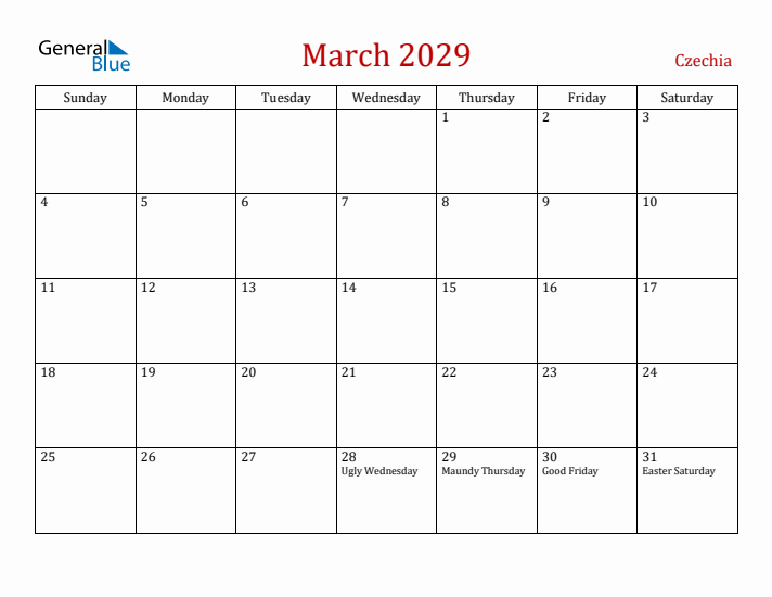 Czechia March 2029 Calendar - Sunday Start