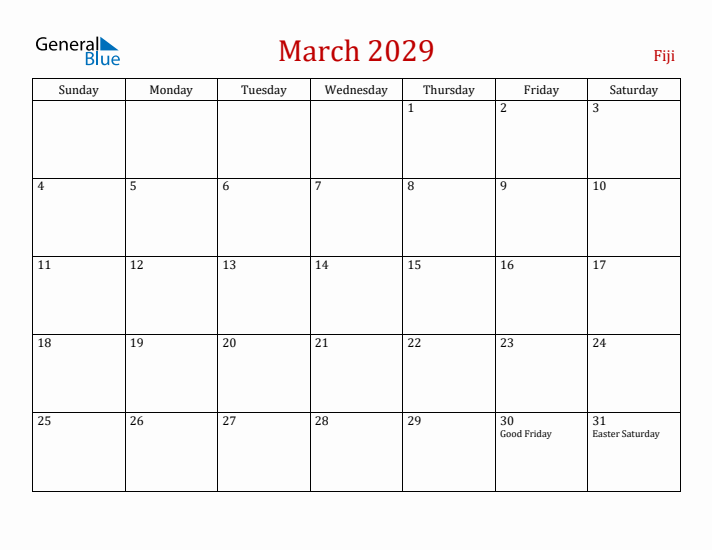 Fiji March 2029 Calendar - Sunday Start
