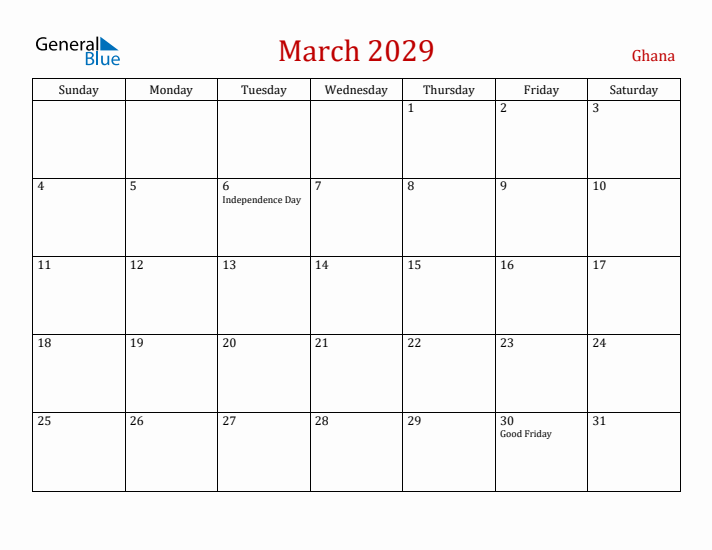 Ghana March 2029 Calendar - Sunday Start