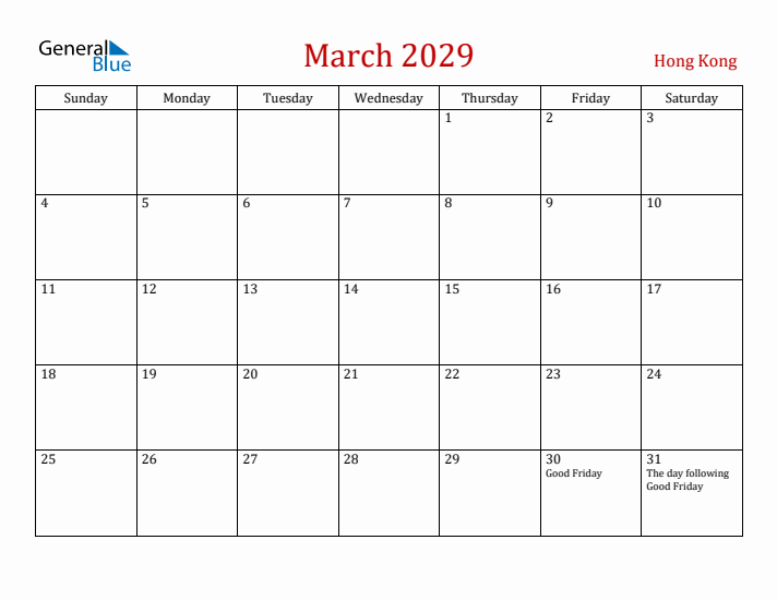 Hong Kong March 2029 Calendar - Sunday Start