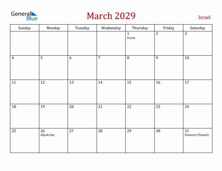 Israel March 2029 Calendar - Sunday Start