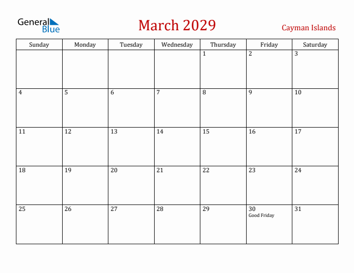Cayman Islands March 2029 Calendar - Sunday Start