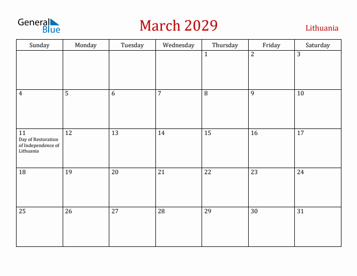 Lithuania March 2029 Calendar - Sunday Start