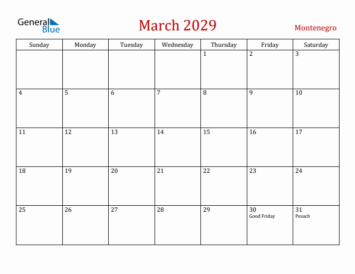 Montenegro March 2029 Calendar - Sunday Start