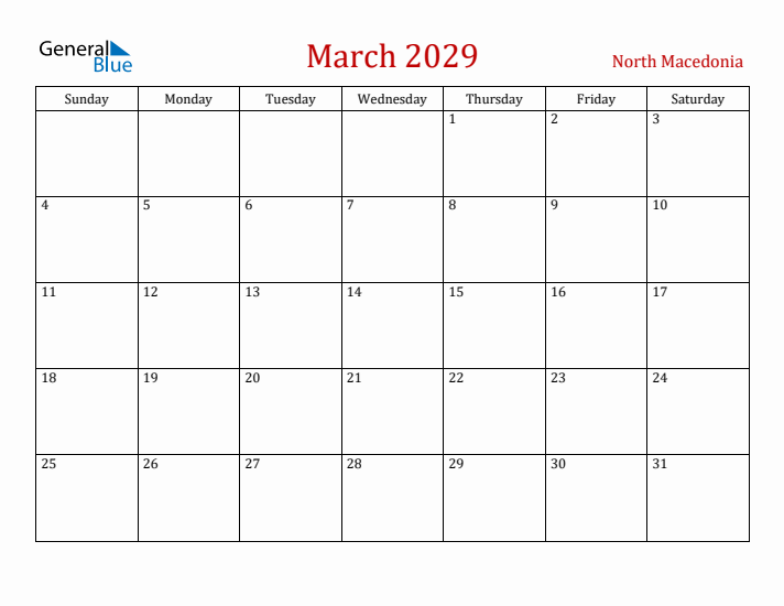 North Macedonia March 2029 Calendar - Sunday Start
