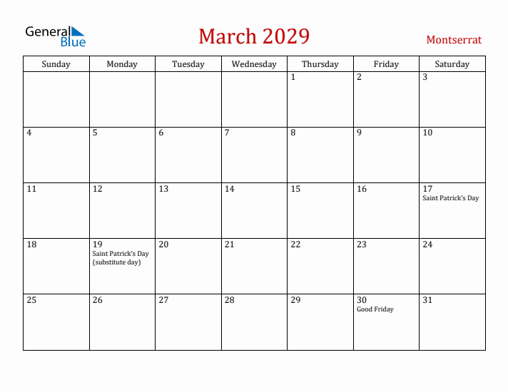 Montserrat March 2029 Calendar - Sunday Start