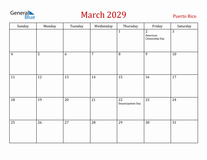 Puerto Rico March 2029 Calendar - Sunday Start