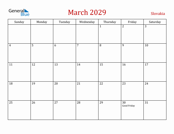 Slovakia March 2029 Calendar - Sunday Start