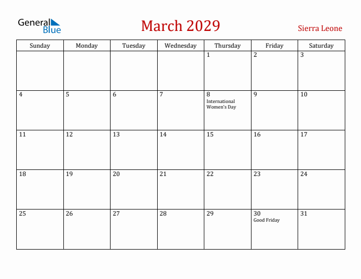 Sierra Leone March 2029 Calendar - Sunday Start