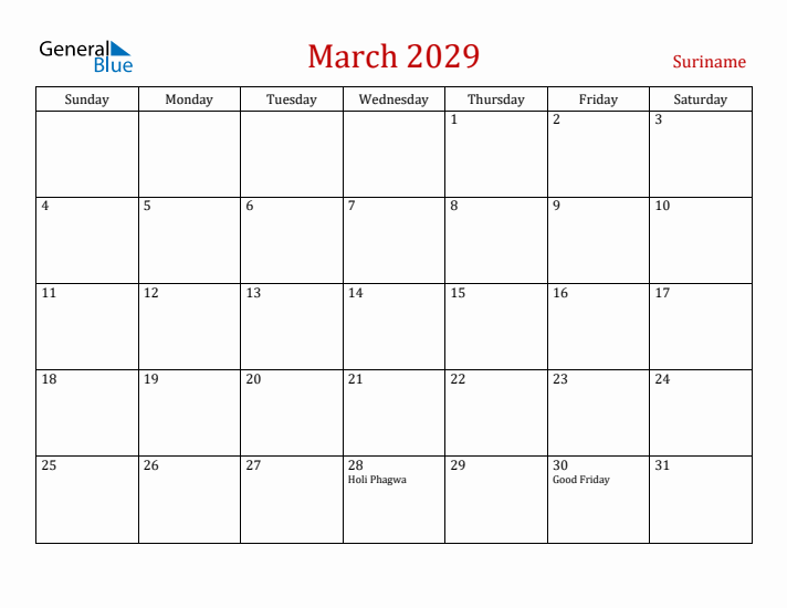 Suriname March 2029 Calendar - Sunday Start