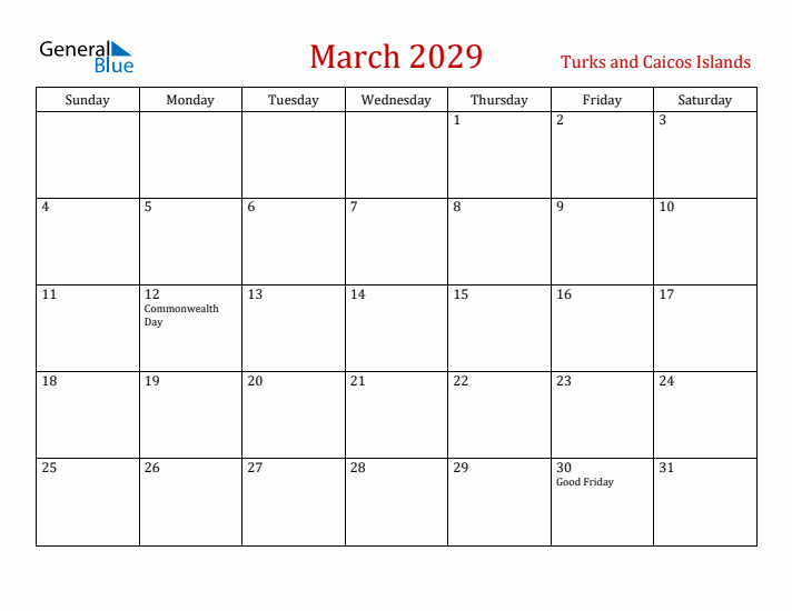 Turks and Caicos Islands March 2029 Calendar - Sunday Start