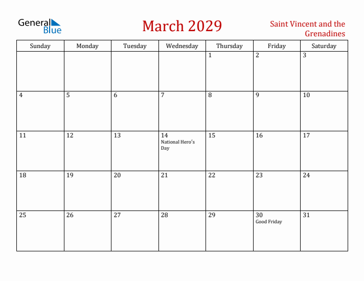 Saint Vincent and the Grenadines March 2029 Calendar - Sunday Start