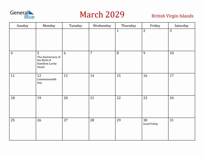 British Virgin Islands March 2029 Calendar - Sunday Start