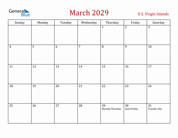 U.S. Virgin Islands March 2029 Calendar - Sunday Start