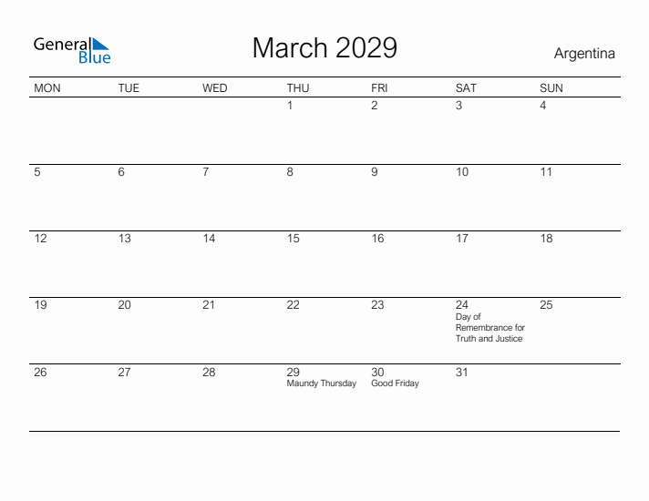 Printable March 2029 Calendar for Argentina