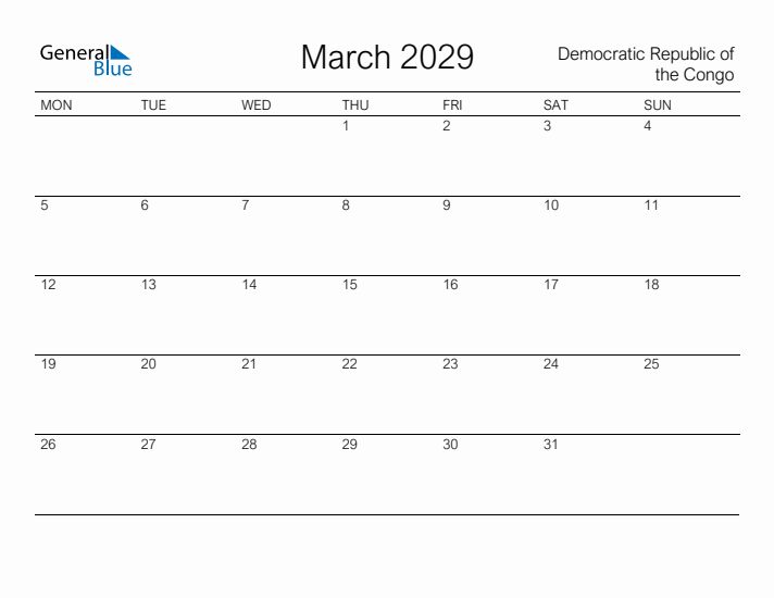 Printable March 2029 Calendar for Democratic Republic of the Congo