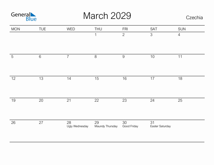 Printable March 2029 Calendar for Czechia
