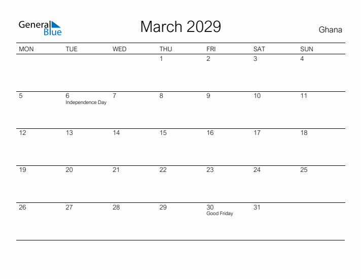 Printable March 2029 Calendar for Ghana