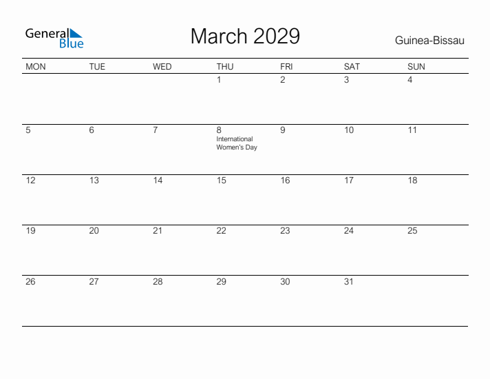 Printable March 2029 Calendar for Guinea-Bissau