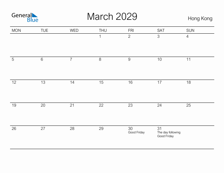 Printable March 2029 Calendar for Hong Kong