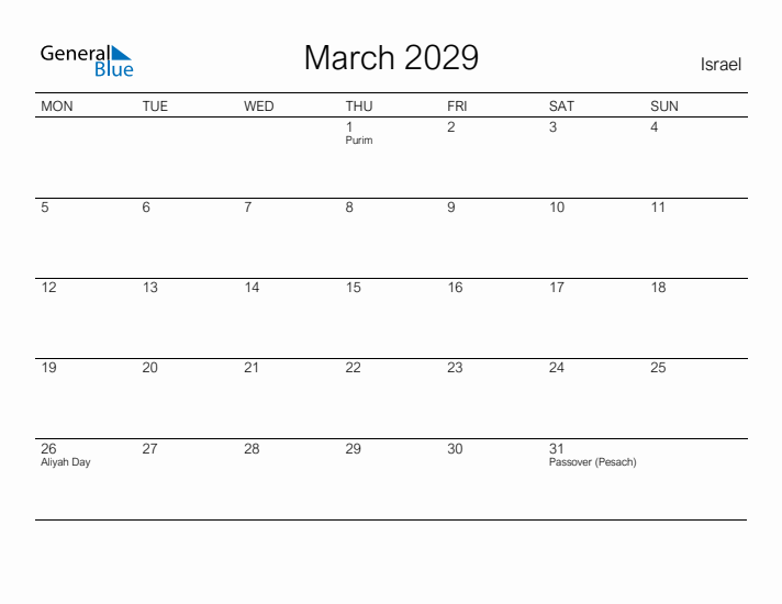 Printable March 2029 Calendar for Israel