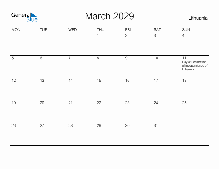 Printable March 2029 Calendar for Lithuania