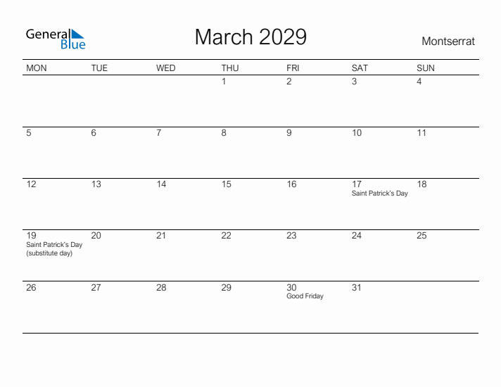 Printable March 2029 Calendar for Montserrat