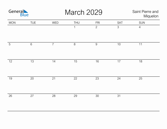 Printable March 2029 Calendar for Saint Pierre and Miquelon