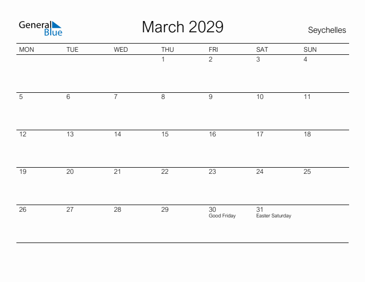 Printable March 2029 Calendar for Seychelles