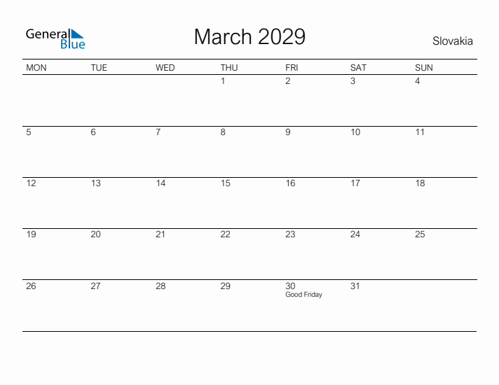 Printable March 2029 Calendar for Slovakia