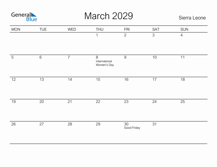 Printable March 2029 Calendar for Sierra Leone